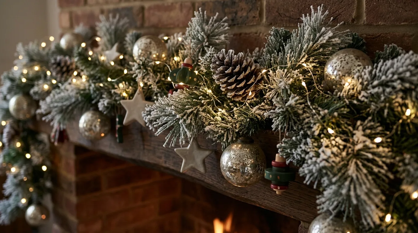 Layer ornaments with more restraint inspiration for a Christmas mantel.
